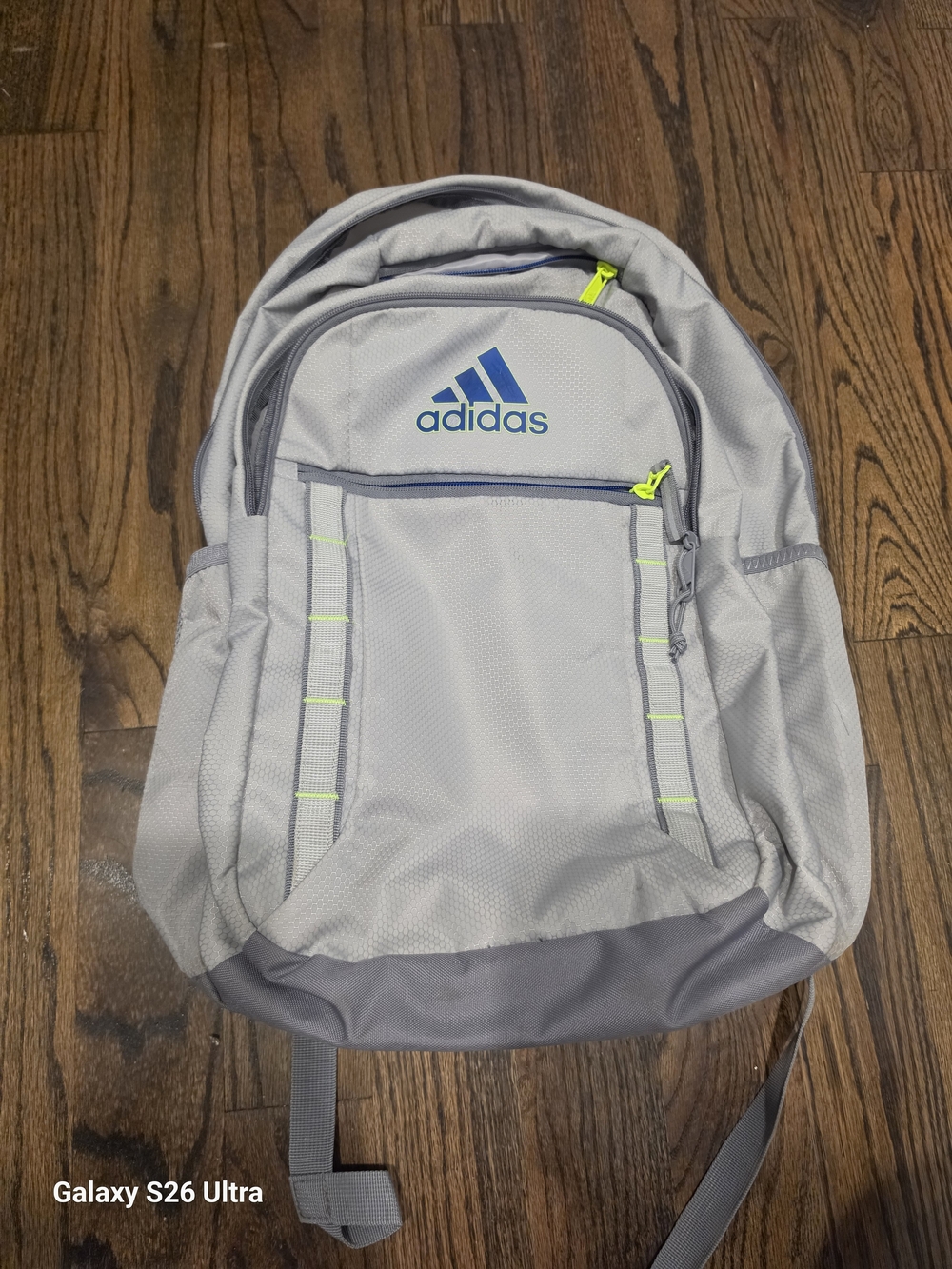 adidas Light Gray and Blue Backpack with Neon Accents